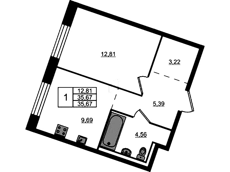 1-комнатная квартира 35.67 м², 1/9 эт., ЖК «Квартал Лаголово»